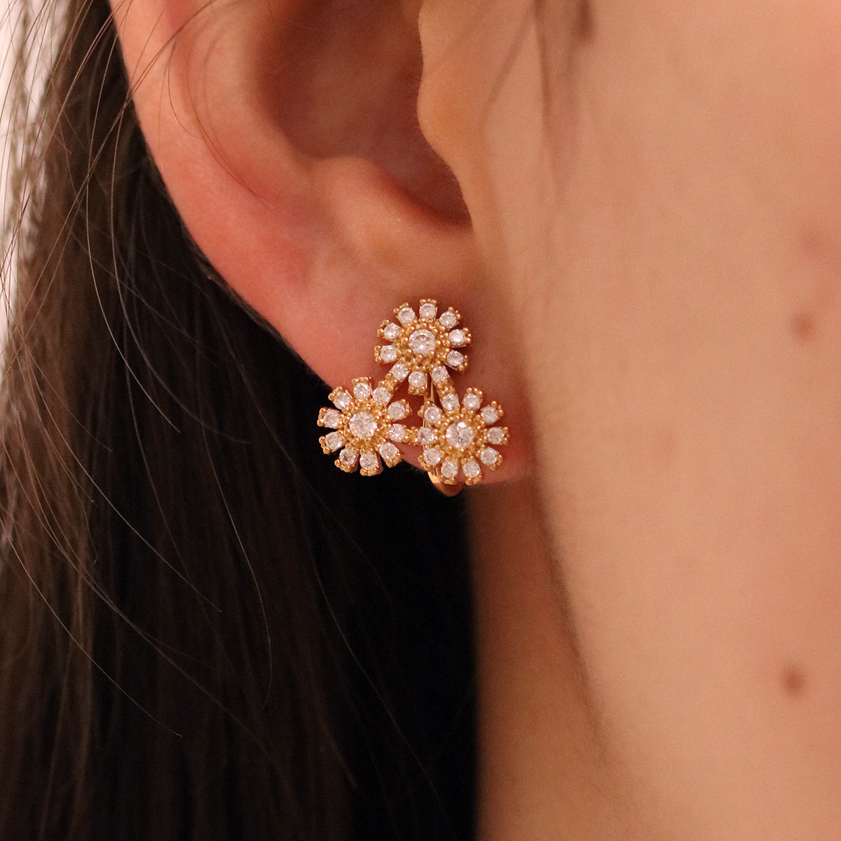 Triple Daisy Cubic Clip On Earrings-1