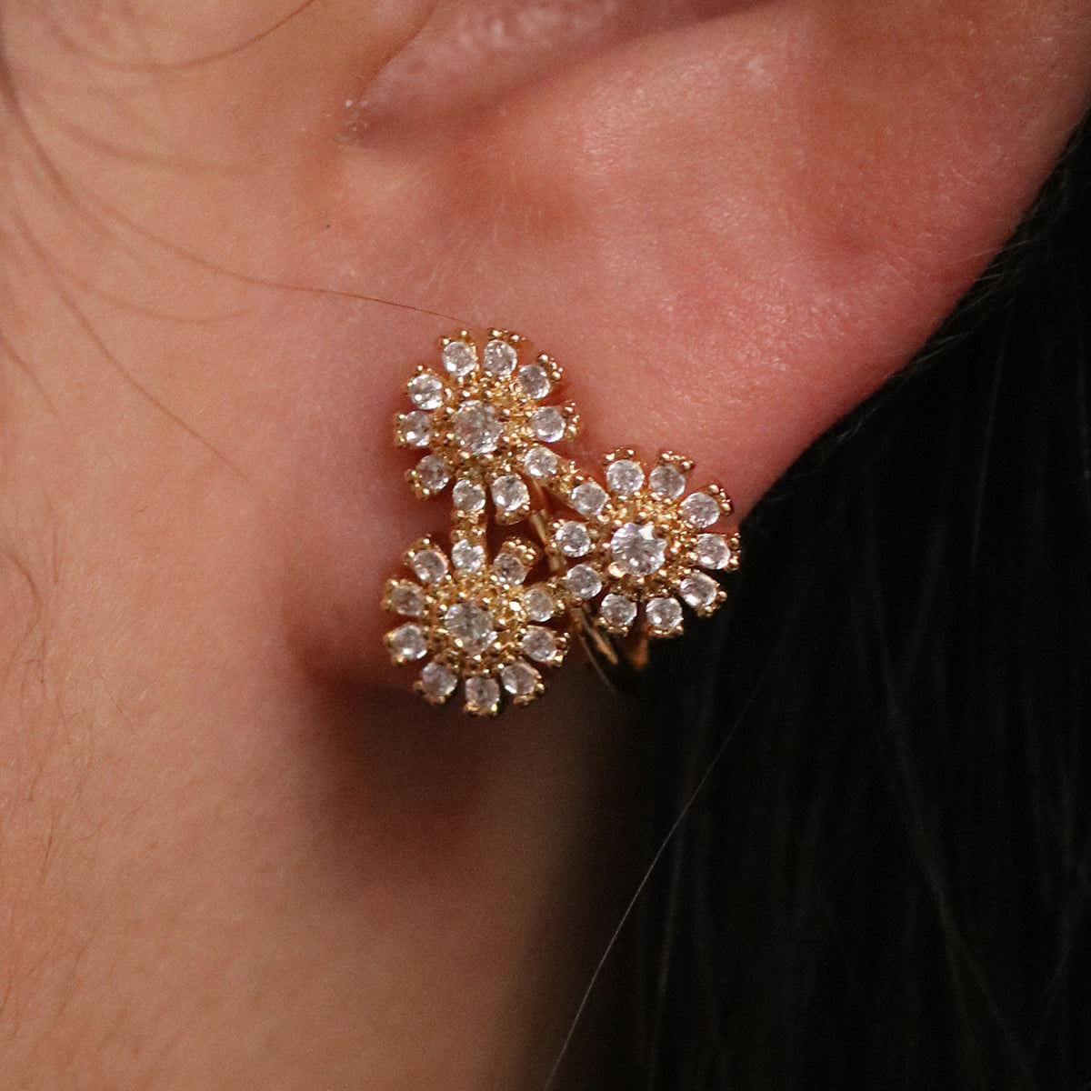 Triple Daisy Cubic Clip On Earrings-3
